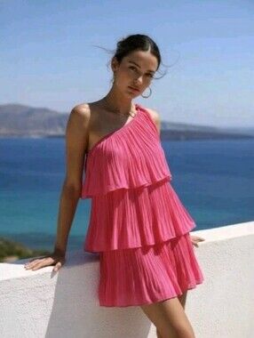 Hot Pink Pleated Tiered Mini Dress Sz L One Shoulder Flowy Barbiecore Romantic